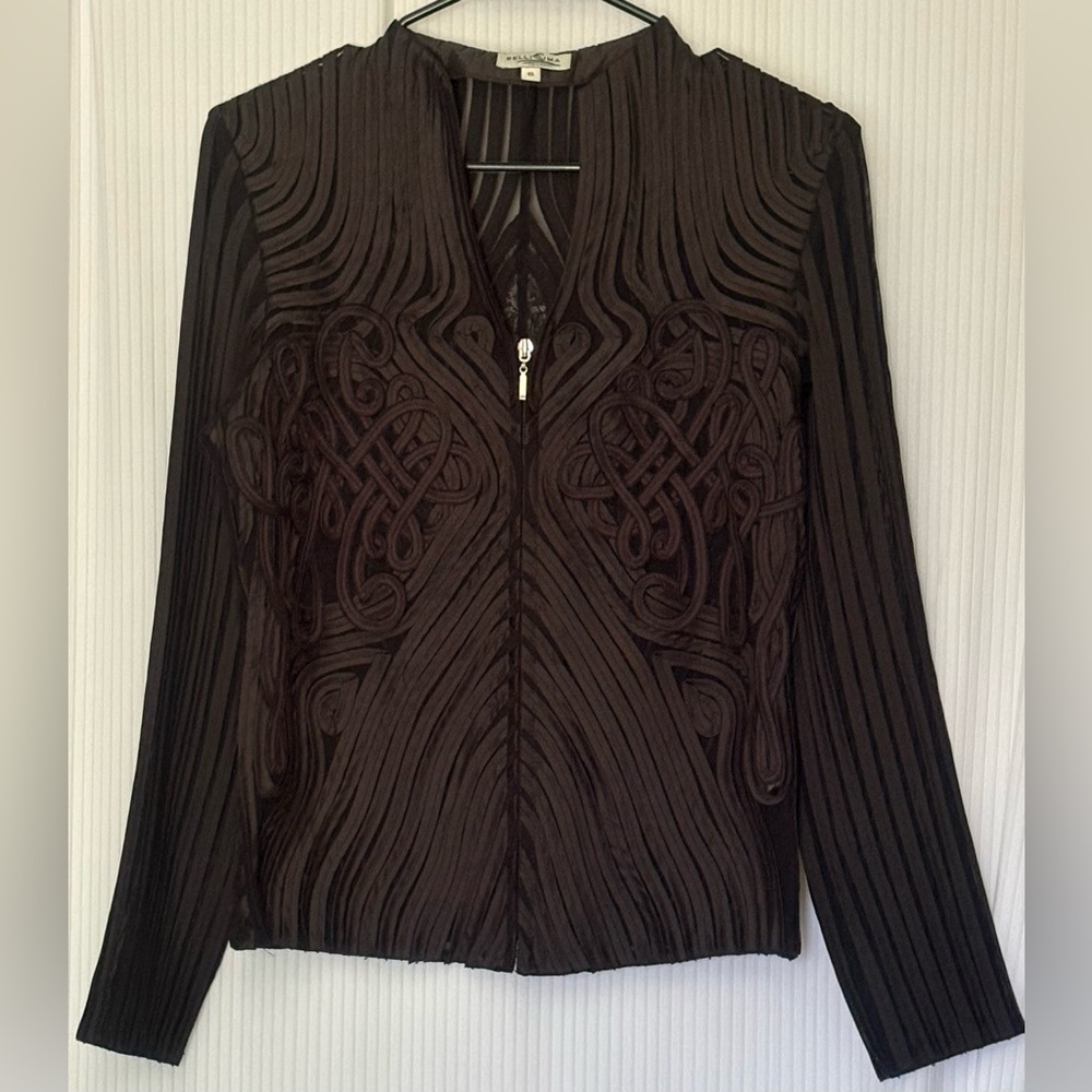 Bellissima Blouse Top Zipper Front V Neck Long Sleeve Fabric Detailed Semi Sheer